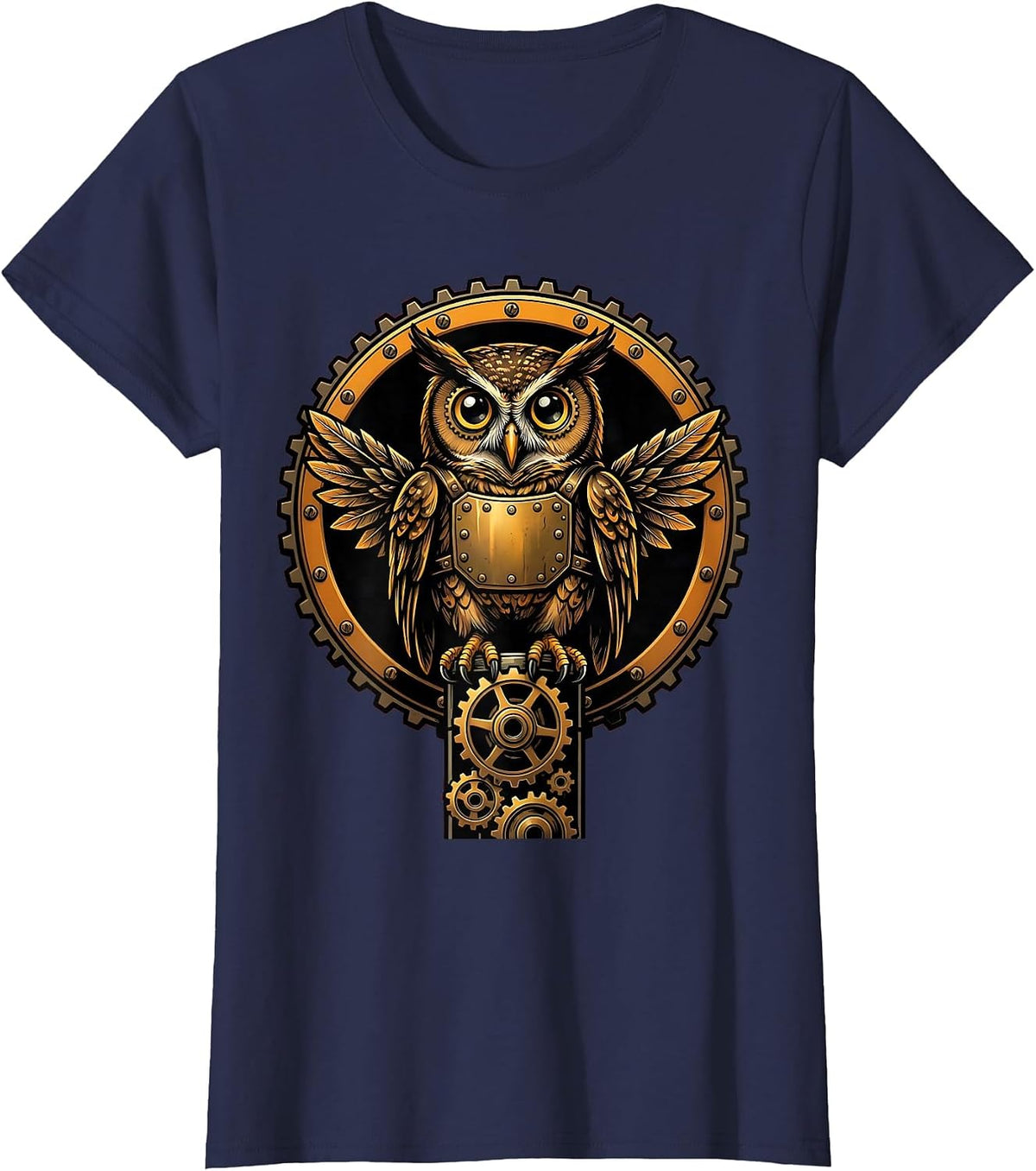 Women's Steampunk Mechanical Owl on Gear Stack Design T-Shirt - Navy Blue