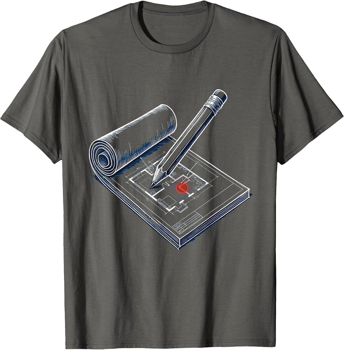 Blueprint Roll and Pencil Graphic Design T-Shirt - Asphalt Grey