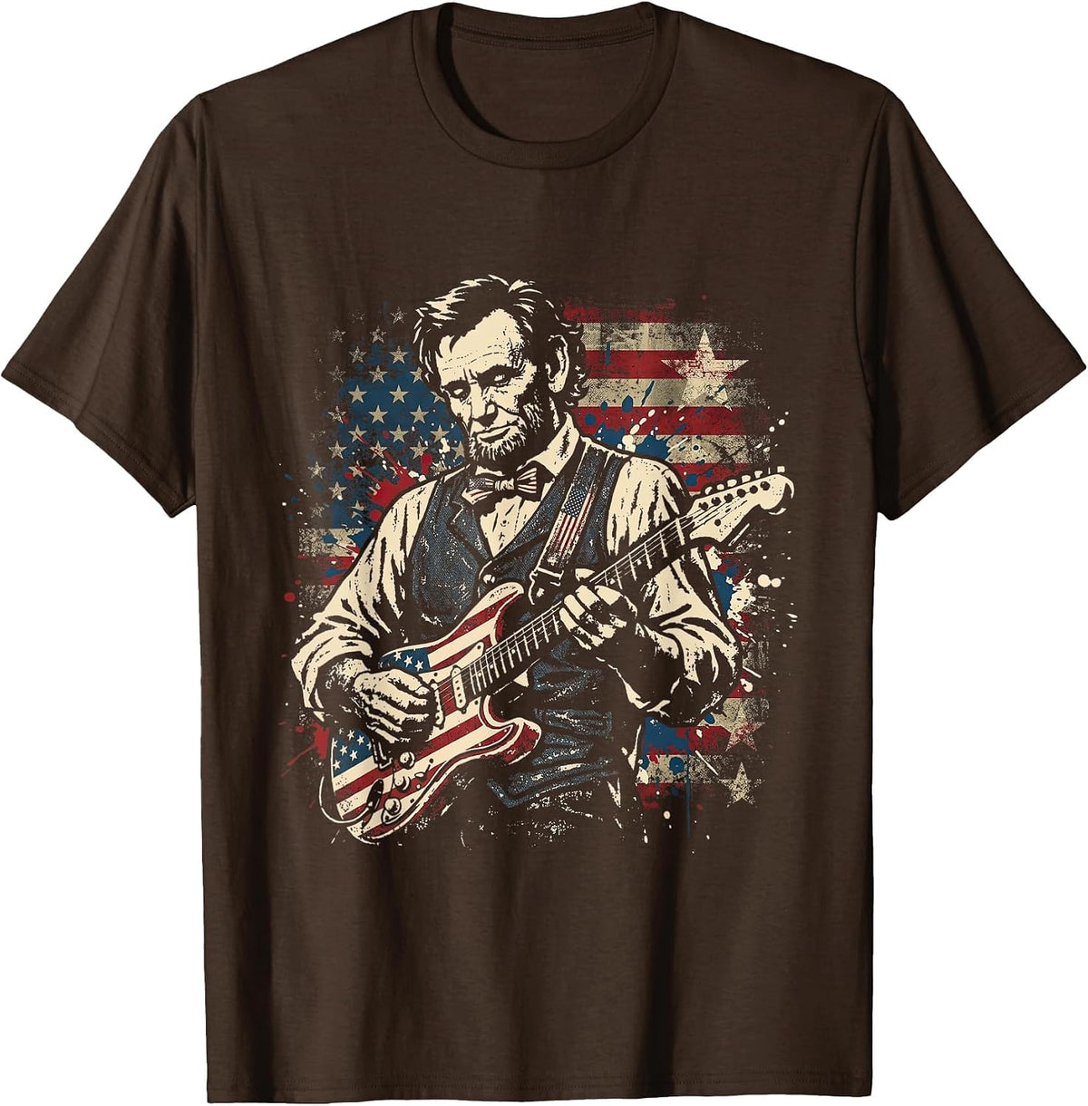 Abraham Lincoln President Playing Guitar US Flag 4th of July T-Shirt - Brown