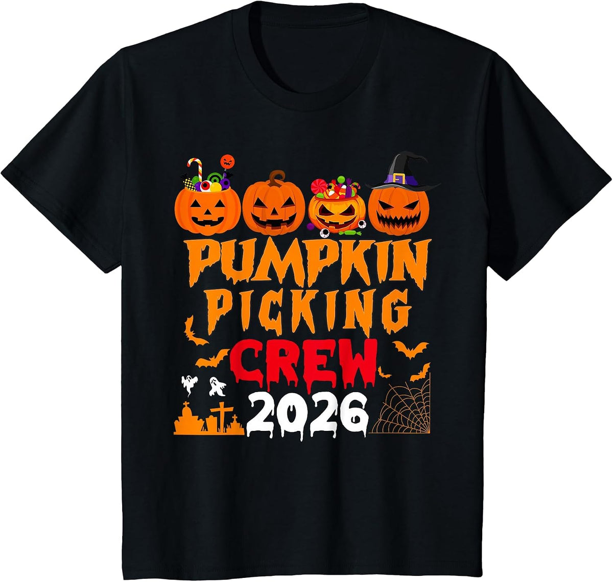 Retro Pumpkin Picking Crew Halloween 2026 Matching Group T-Shirt - Black
