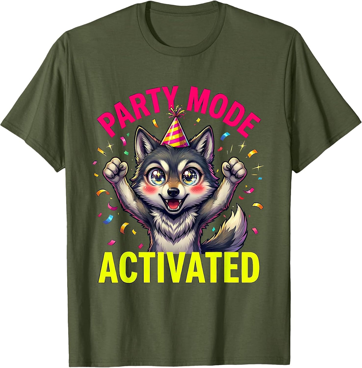 Party Mode Activated Party Animal Design T-Shirt - Olive Green