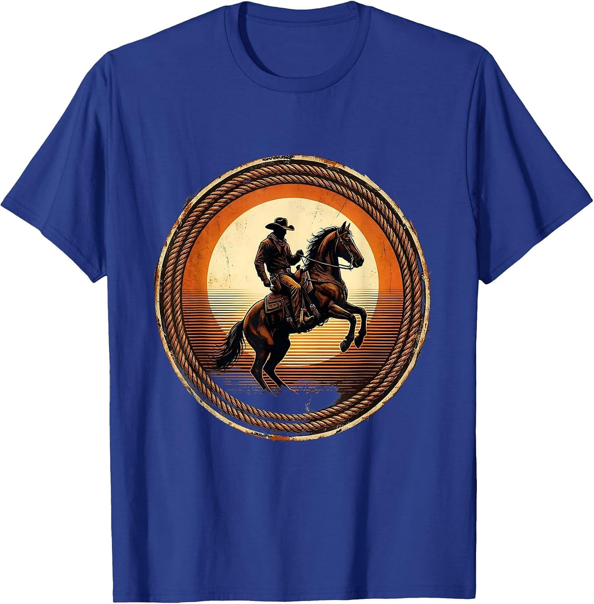 Cowboy Silhouette Riding Horse at Sunset T-Shirt - Royal Blue