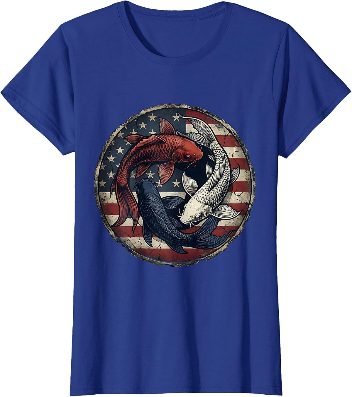 Women's Red White and Blue Koi Fish Intertwined Design T-Shirt - Royal Blue