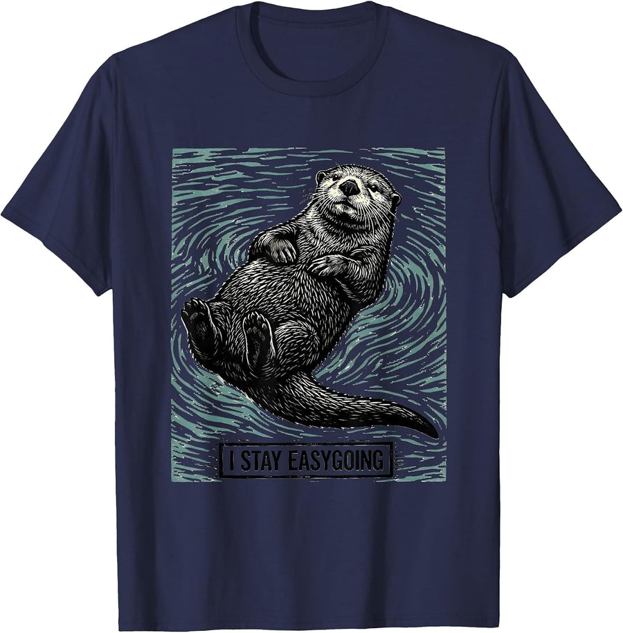 I Stay Easygoing Woodcut Engraving Otter Lover Humor T-Shirt - Navy Blue