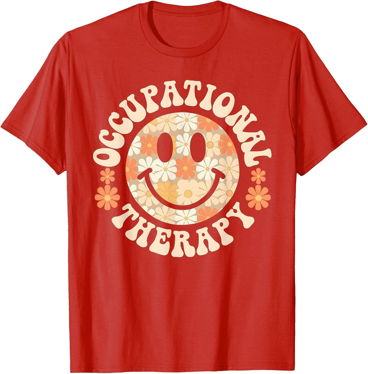 Retro OT Floral Occupational Therapy Squad Therapist Groovy T-Shirt - Red