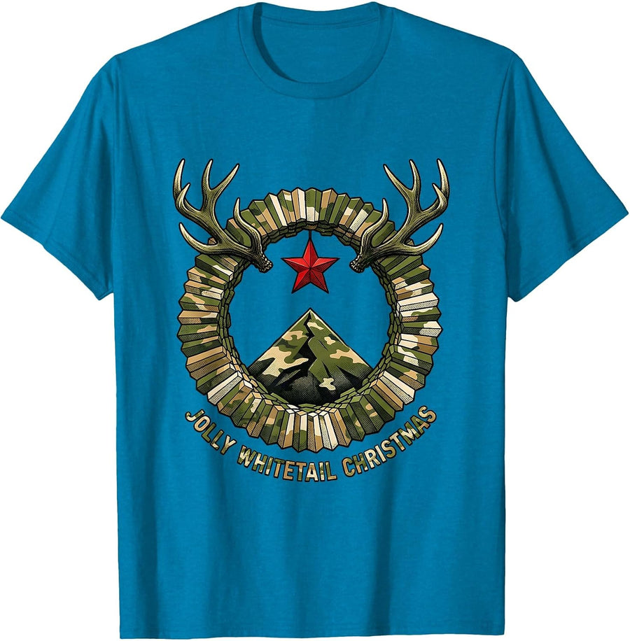 Jolly Whitetail Christmas Camo Deer Hunting Ugly Sweater T-Shirt - Sapphire Blue