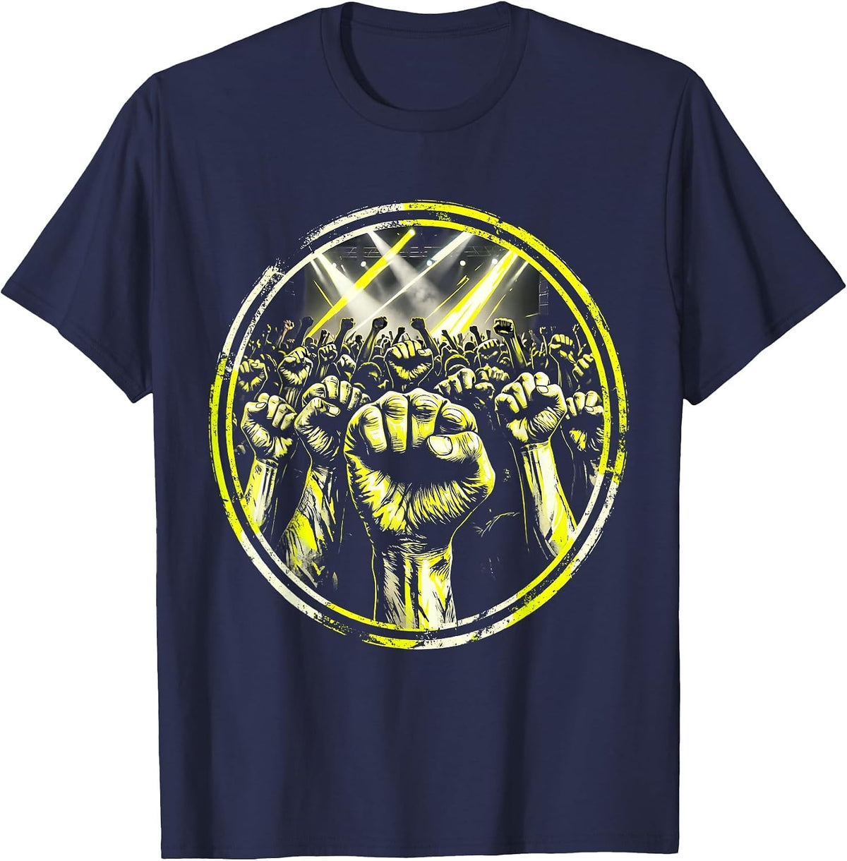 Punk Band Raised Fists Stage Lights Crowd Art T-Shirt - Navy Blue