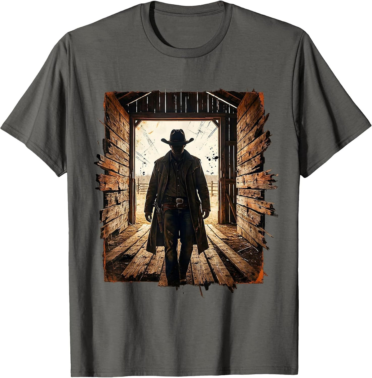Men's Cowboy Standing in Barn Doorway Illustration T-Shirt - Asphalt Grey