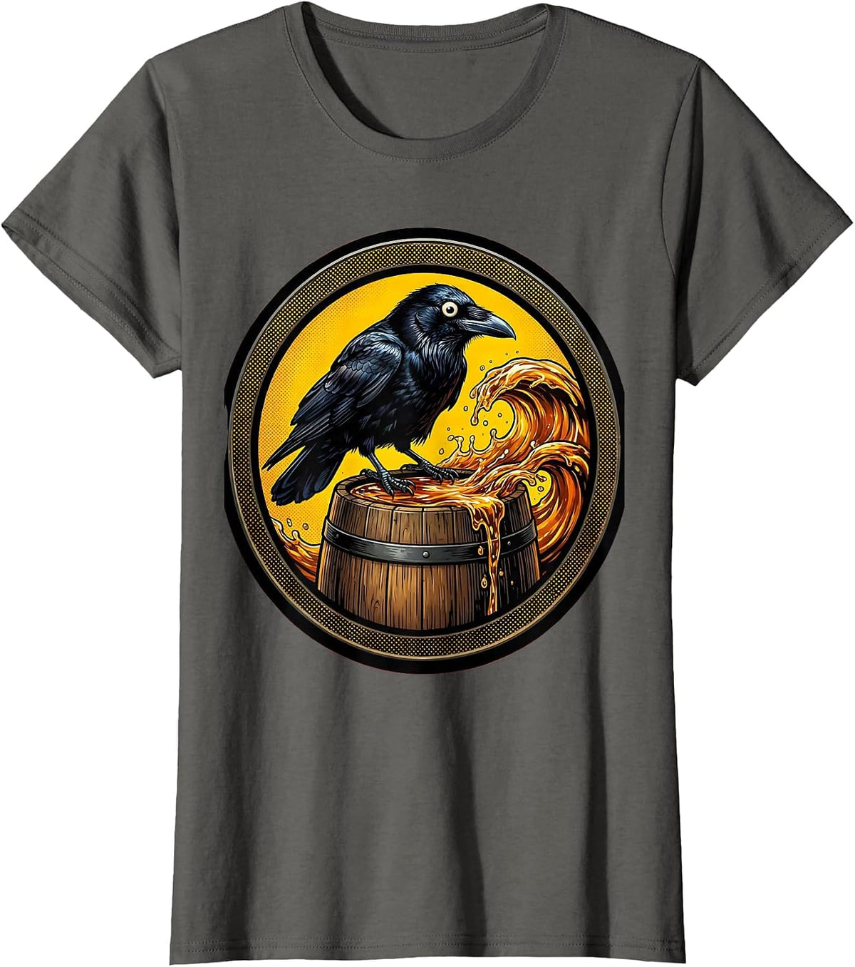 Women's Crow on Whiskey Barrel Halloween Graphic T-Shirt - Asphalt Grey