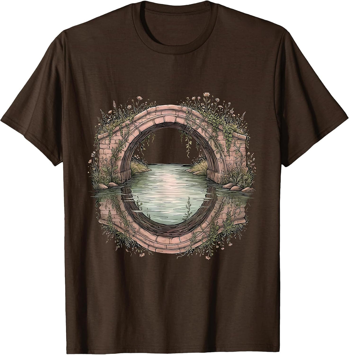 Stone Arch Bridge River Faith Illustration T-Shirt - Brown