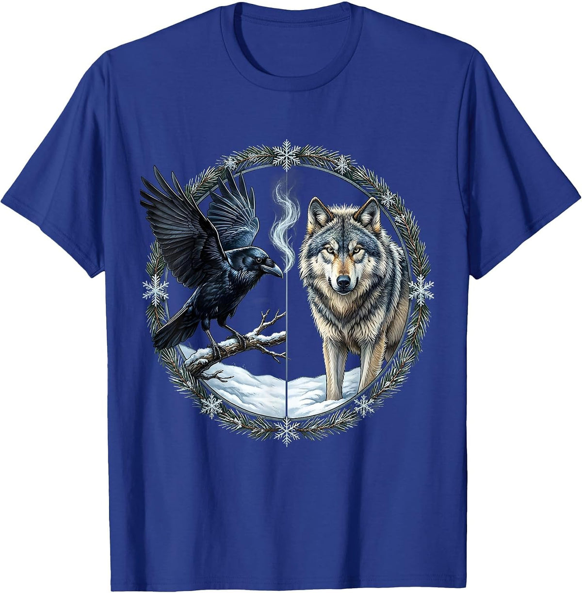 Crow and Wolf Eye to Eye in Snow Illustration T-Shirt - Royal Blue