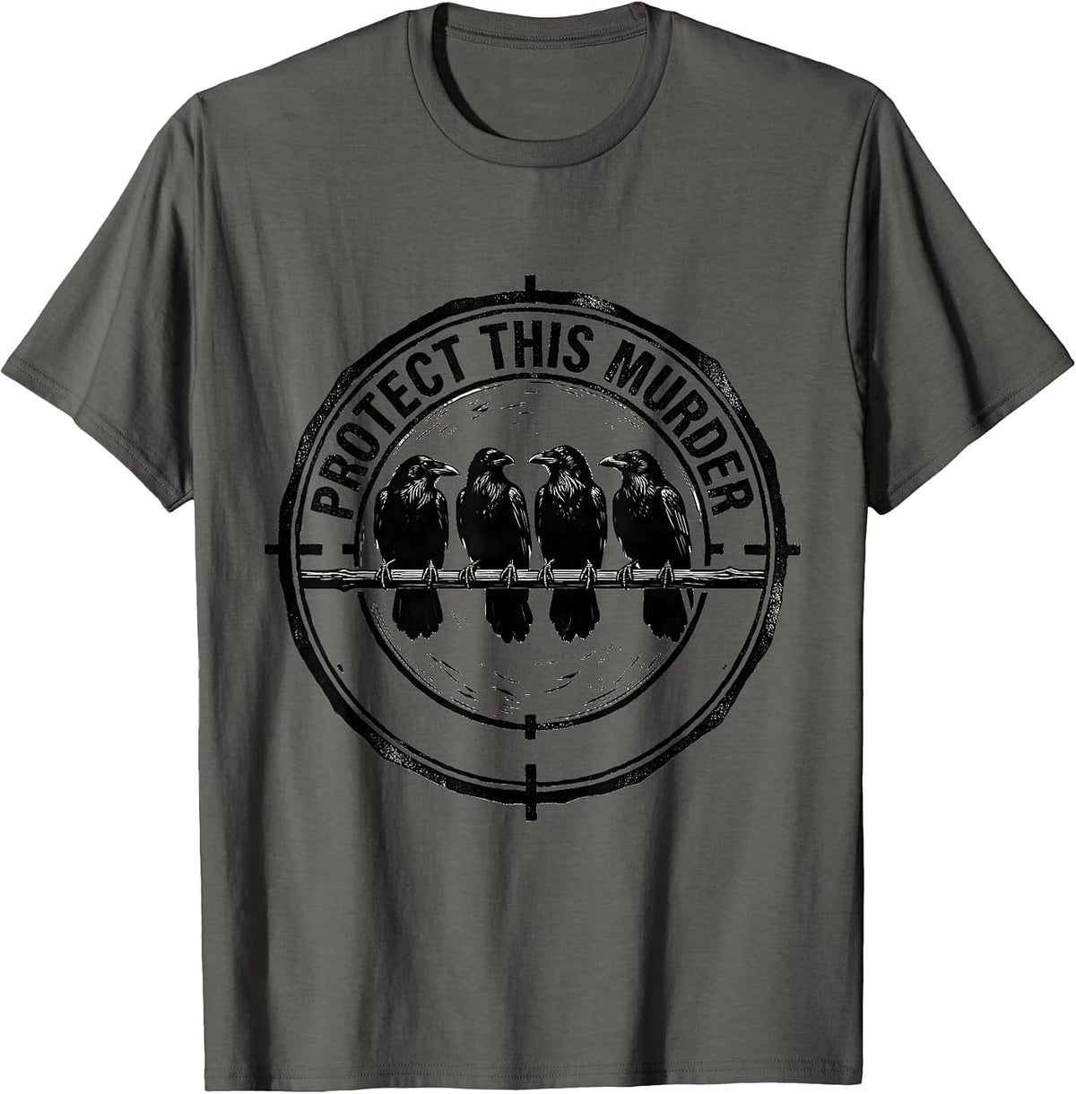 Men's Protect This Murder Linocut Crow Pun Bird Lover Humor T-Shirt - Asphalt Grey
