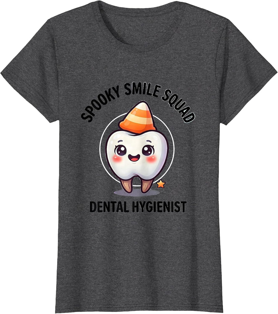 Women's Spooky Smile Squad Dental Hygienist Cute Kawaii Halloween T-Shirt - Dark Heather Grey