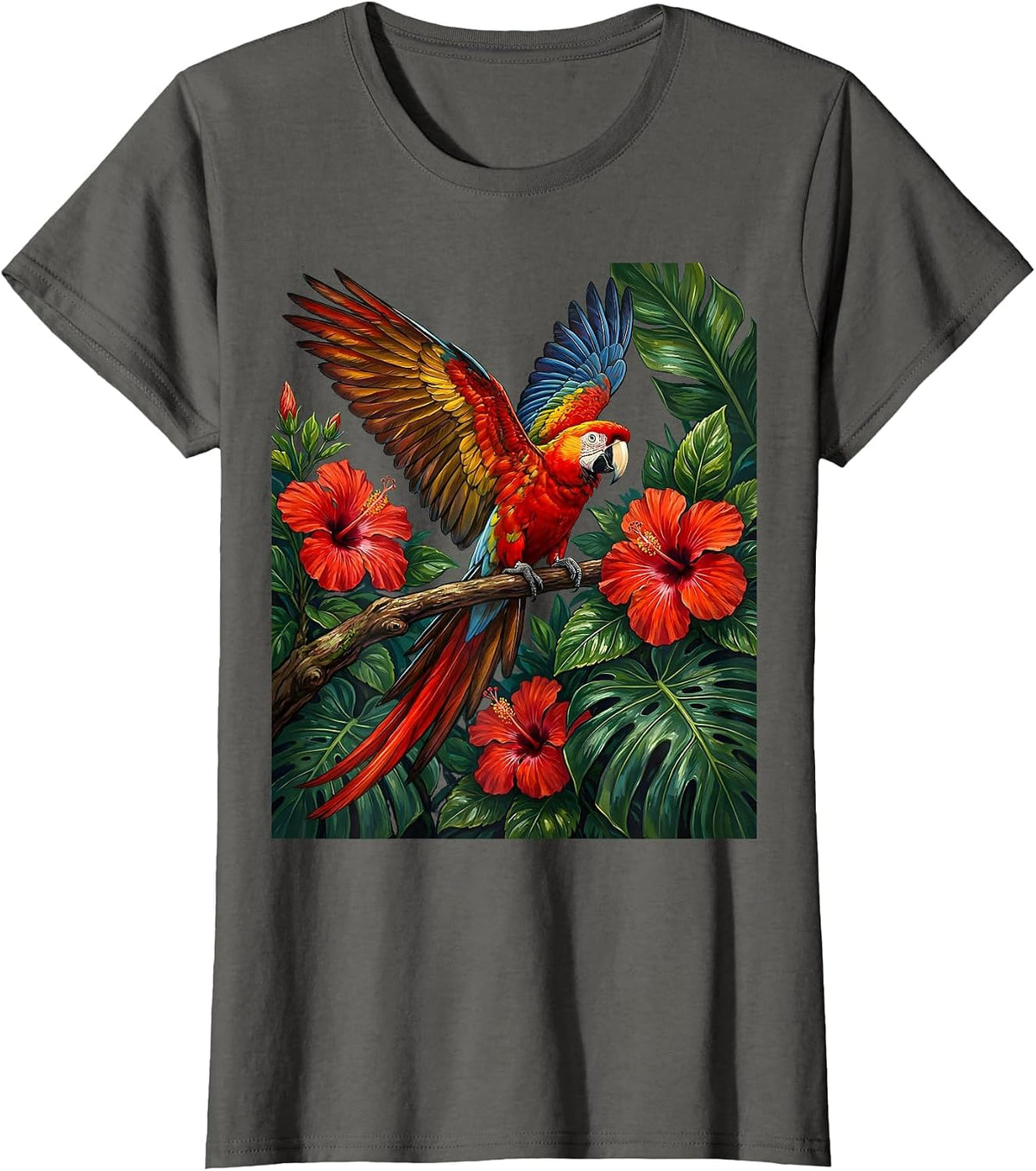 Women's Tropical Parrot Hibiscus Hawaiian Art Design T-Shirt - Asphalt Grey