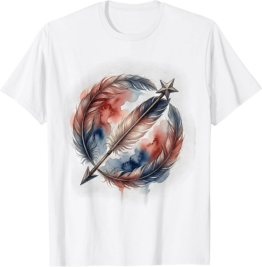 Red White and Blue Feathered Star Arrow Design T-Shirt - White