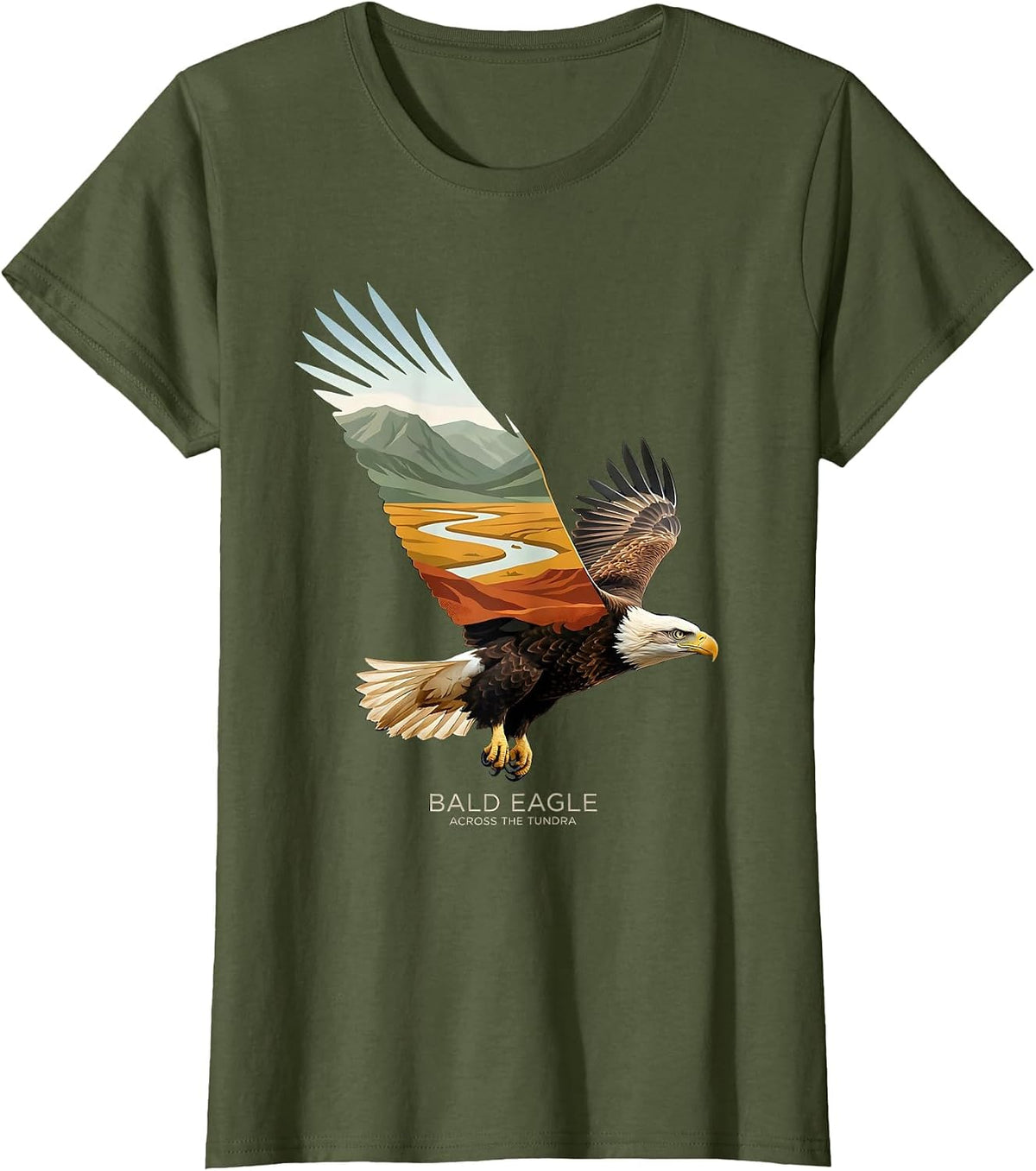 Women's Bald Eagle Across The Tundra Vintage Patriotic Bird Lover T-Shirt - Olive Green