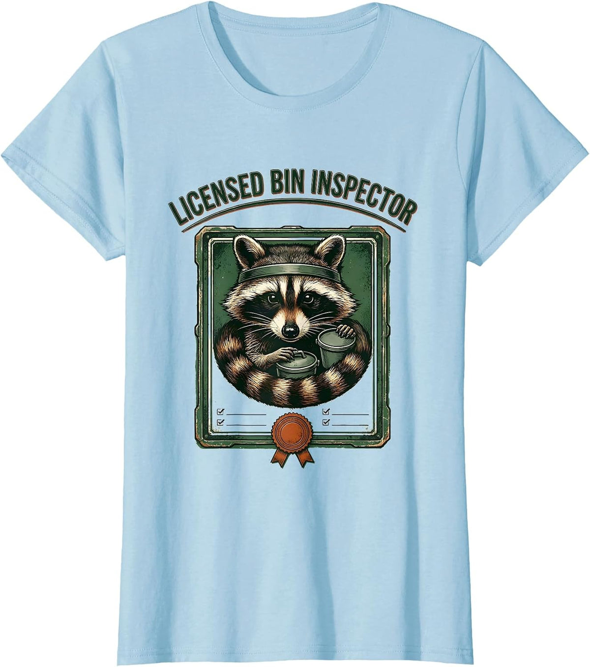 Women's Licensed Bin Inspector Vintage Funny Raccoon Trash Panda T-Shirt - Baby Blue