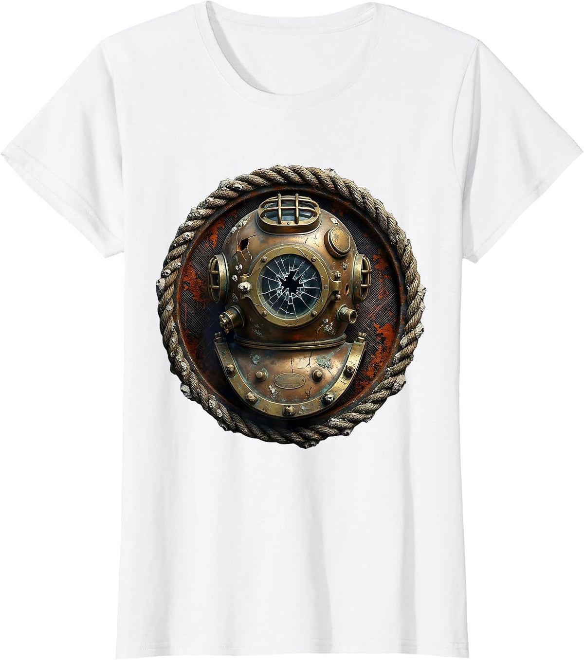 Vintage Diving Helmet Cracked Porthole Sailor T-Shirt - White