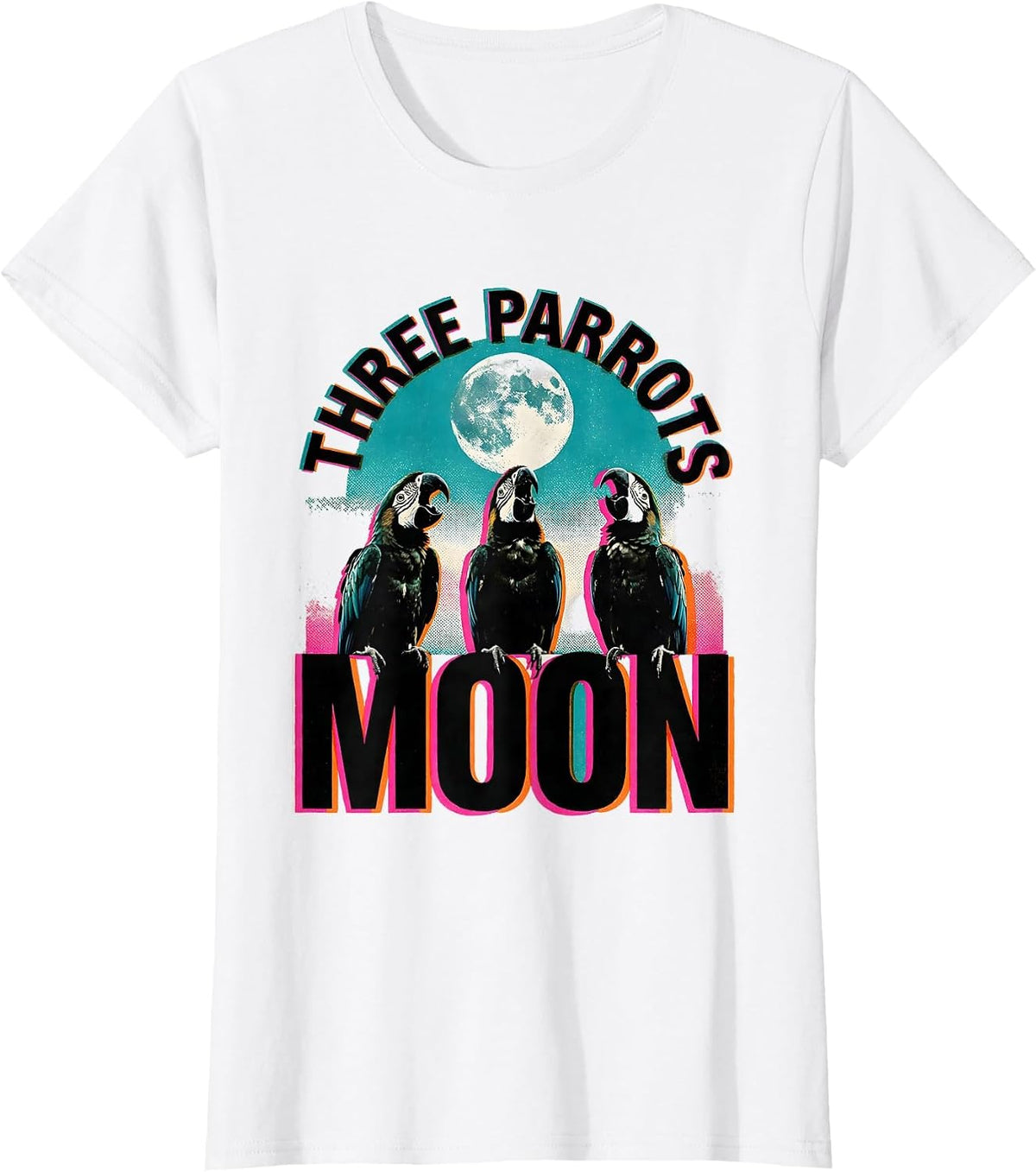 Three Parrots Moon Risograph Meme Humor Animal Lover Gift T-Shirt - White