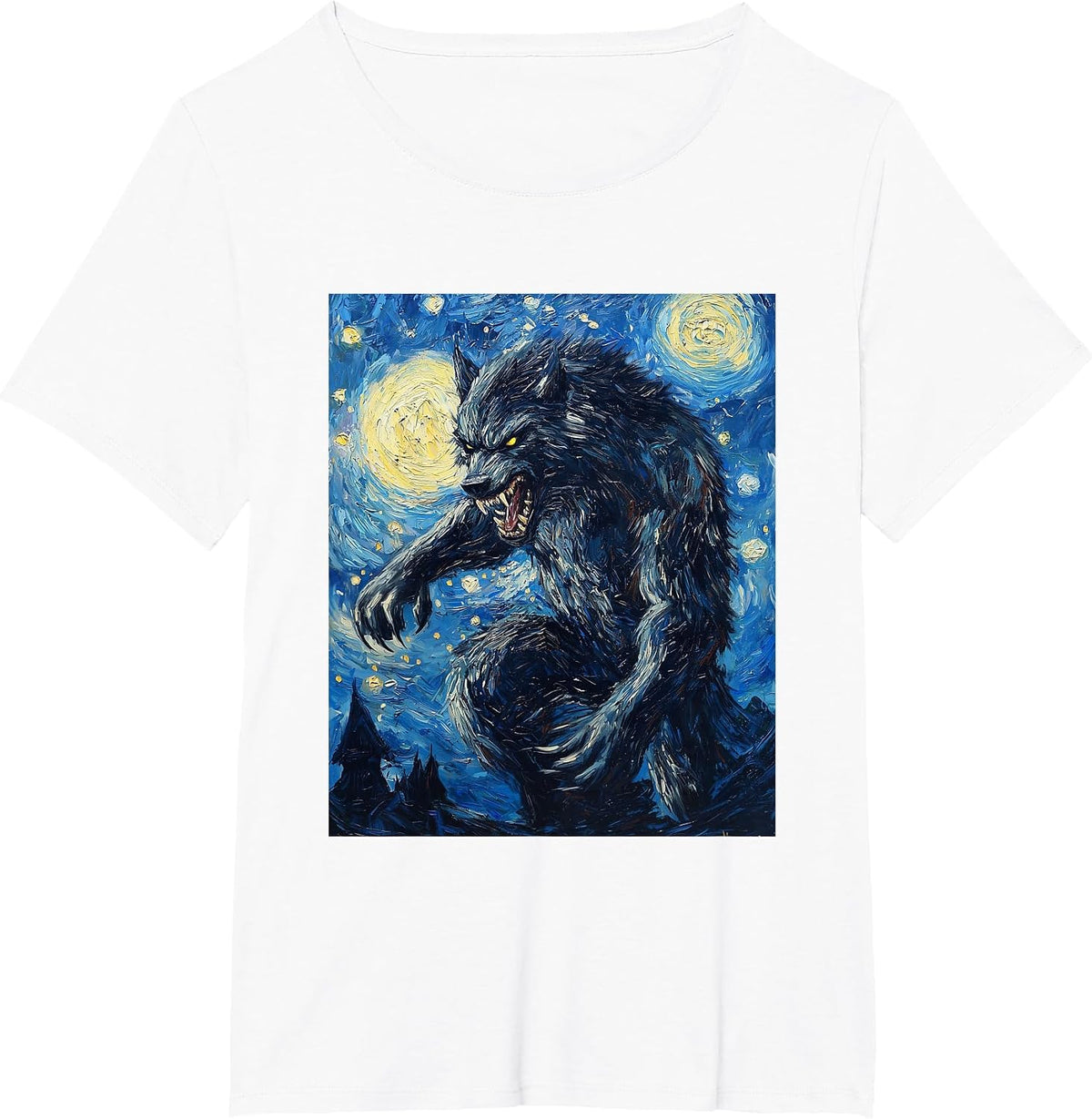 Werewolf Wolf Van Gogh Style Starry Night Graphic T-Shirt - White