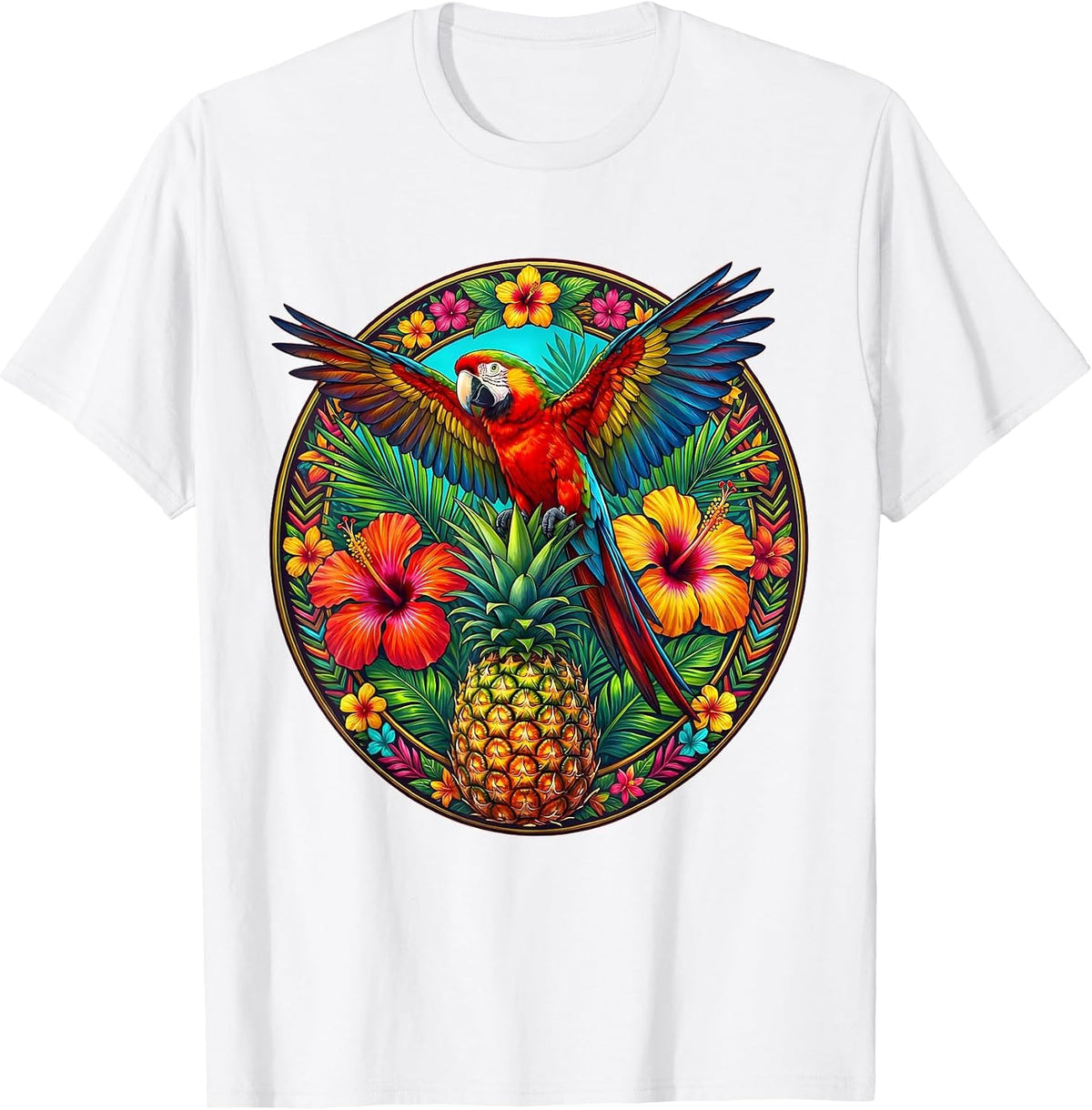 Tropical Parrot on Pineapple with Flowers T-Shirt - White
