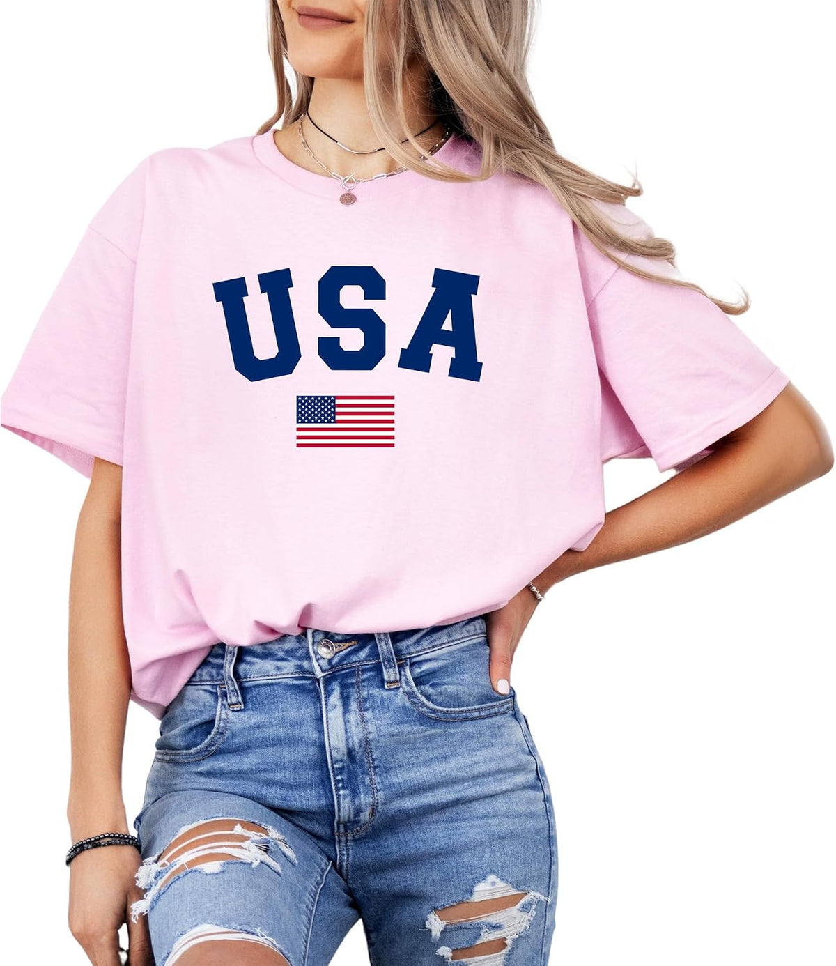 Patriotic American Flag T-Shirt for Men and Women - 100% Cotton USA Graphic Tee - Distressed Style Short Sleeve Shirt - Pink