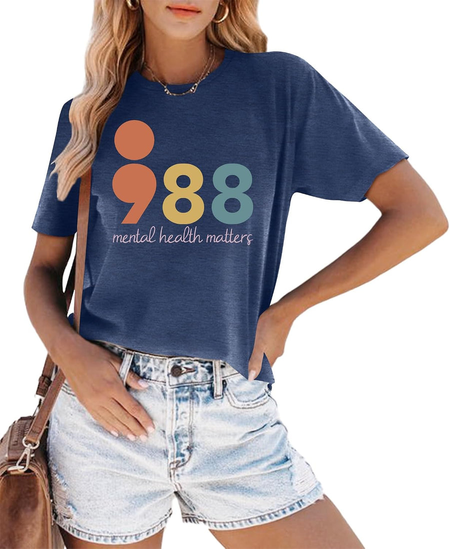 Suicide Prevention Awareness Shirt for Women 988 T-Shirt Mental Health Tees - Blue