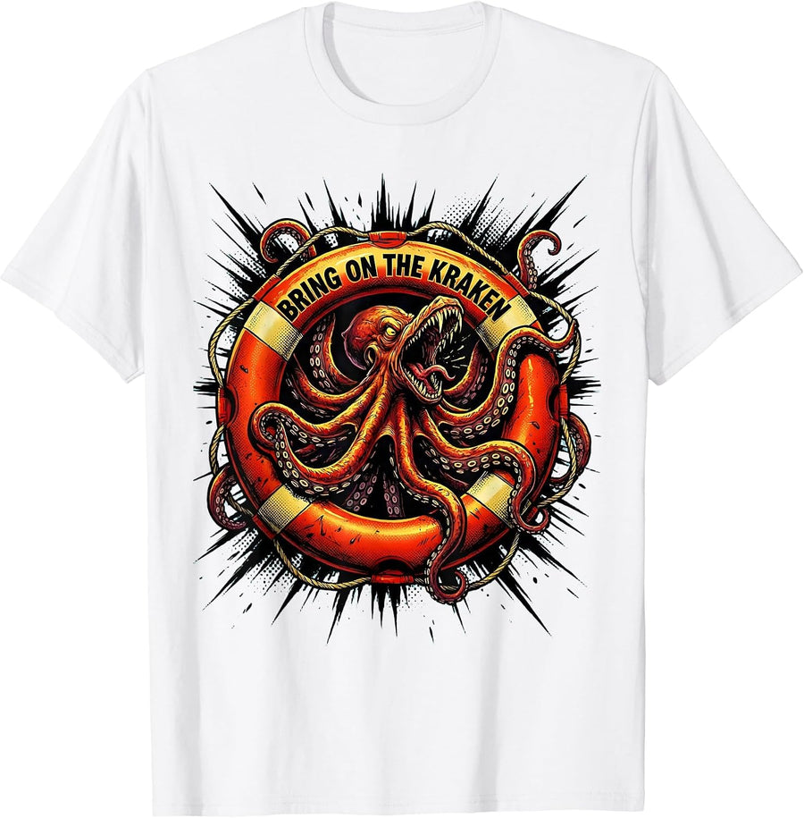 Men's Bring On The Kraken Comic Book Octopus Marine Life Ocean T-Shirt - White