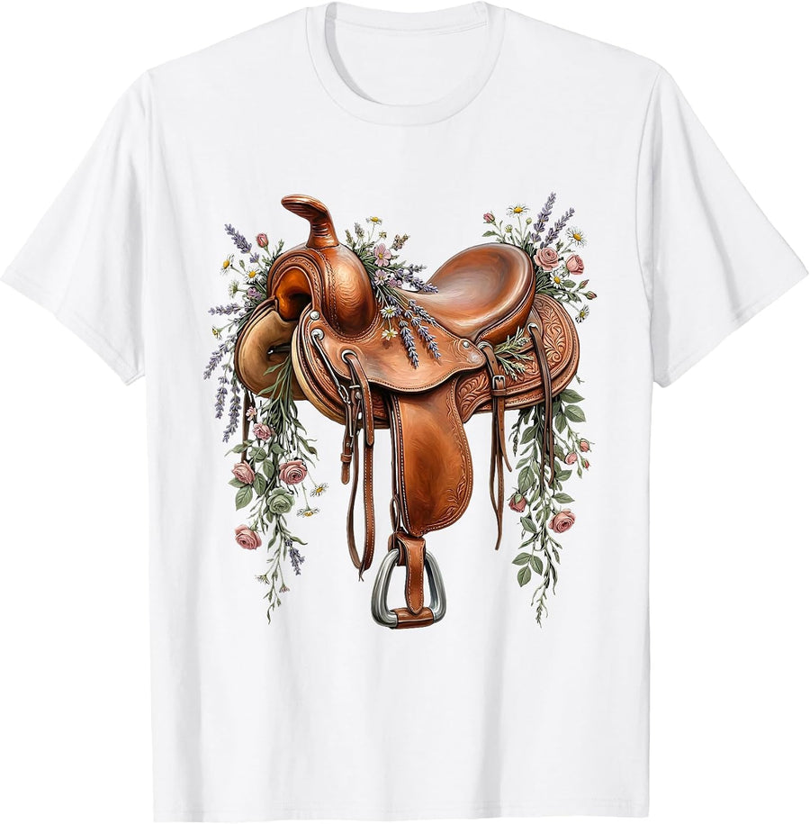Wildflower Saddle Western Cowgirl Graphic T-Shirt - White