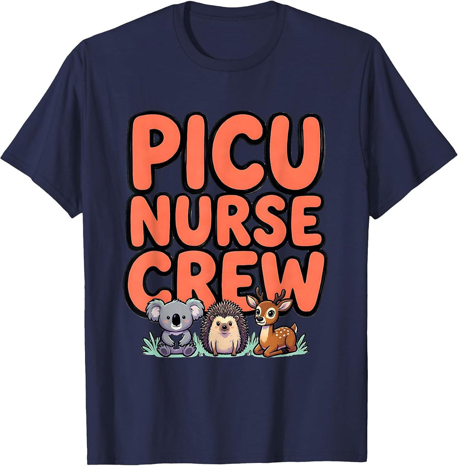 PICU Nurse Crew Cute Animal Pediatric Nurse Practitioner T-Shirt - Navy Blue
