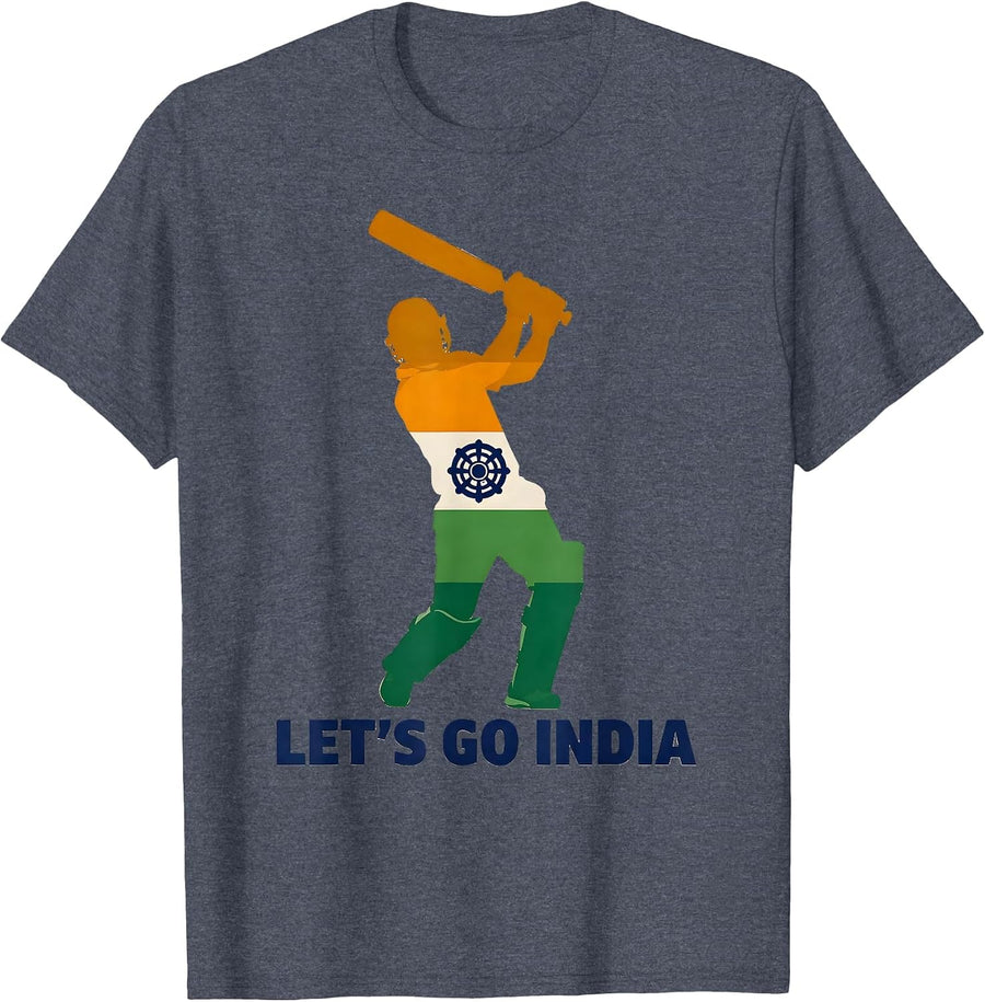 Let's Go India Flat Vector National Pride Cricket Fan T-Shirt - Heather Blue
