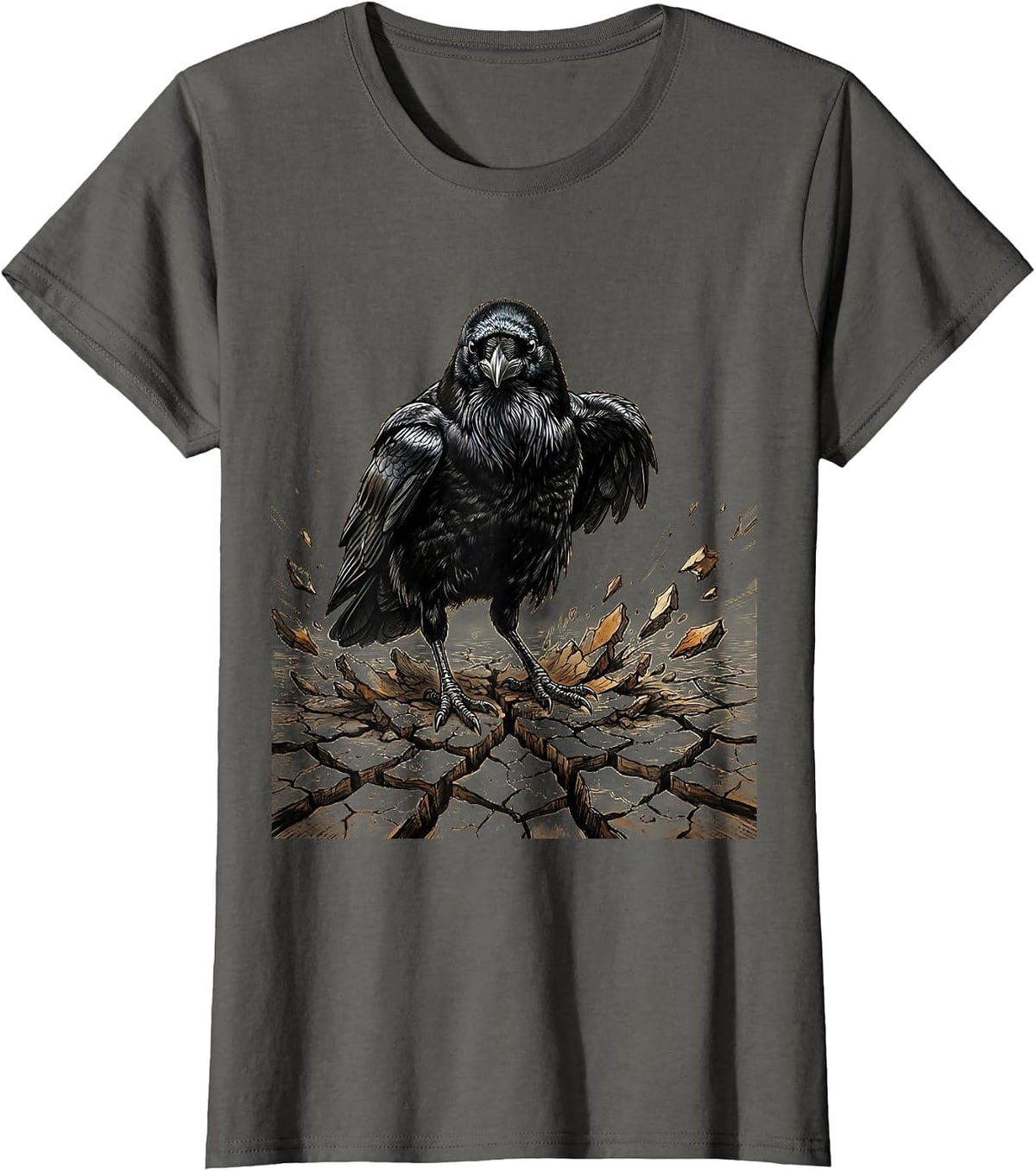 Women's Crow Standing Over Cracked Ground Graphic T-Shirt - Asphalt Grey