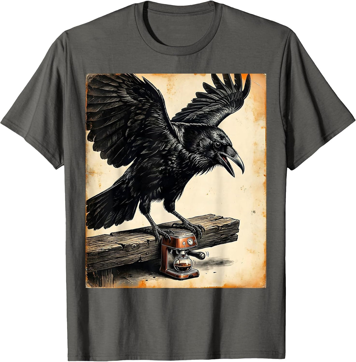 Giant Crow Looming Over Tiny Terrified Coffee Maker T-Shirt - Asphalt Grey