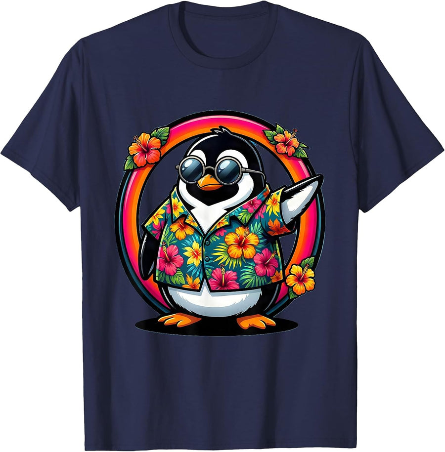 Penguin in Hawaiian Shirt and Sunglasses T-Shirt - Navy Blue