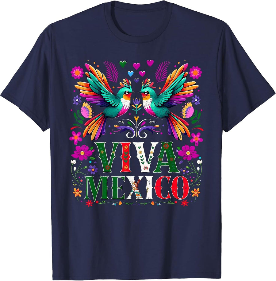 Floral Bird Otomi Mexican Embroidery Style Mexicano Mexicana T-Shirt - Navy Blue