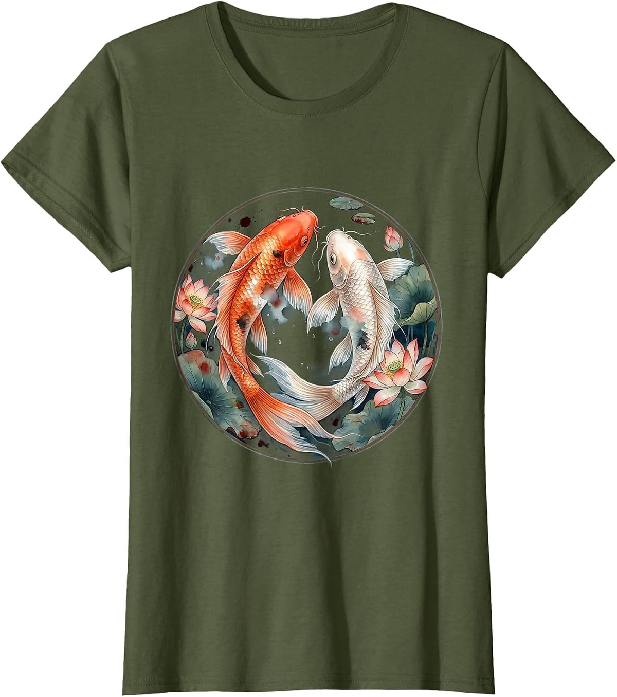 Women's Koi Fish Yin Yang Circle Illustration T-Shirt - Olive Green