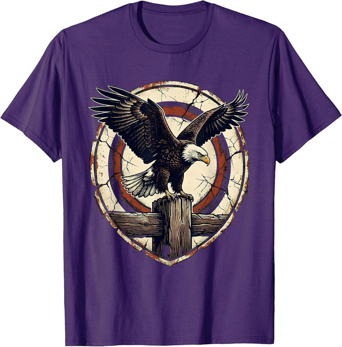 Men's Bald Eagle Patriotic Perched on Fence Post T-Shirt - Purple