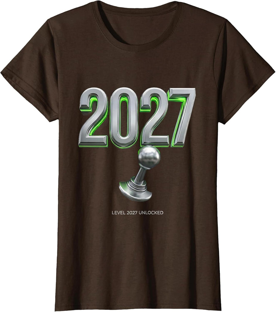 Women's Level 2027 Unlocked Funny Gamer New Year Level Up Party T-Shirt - Brown