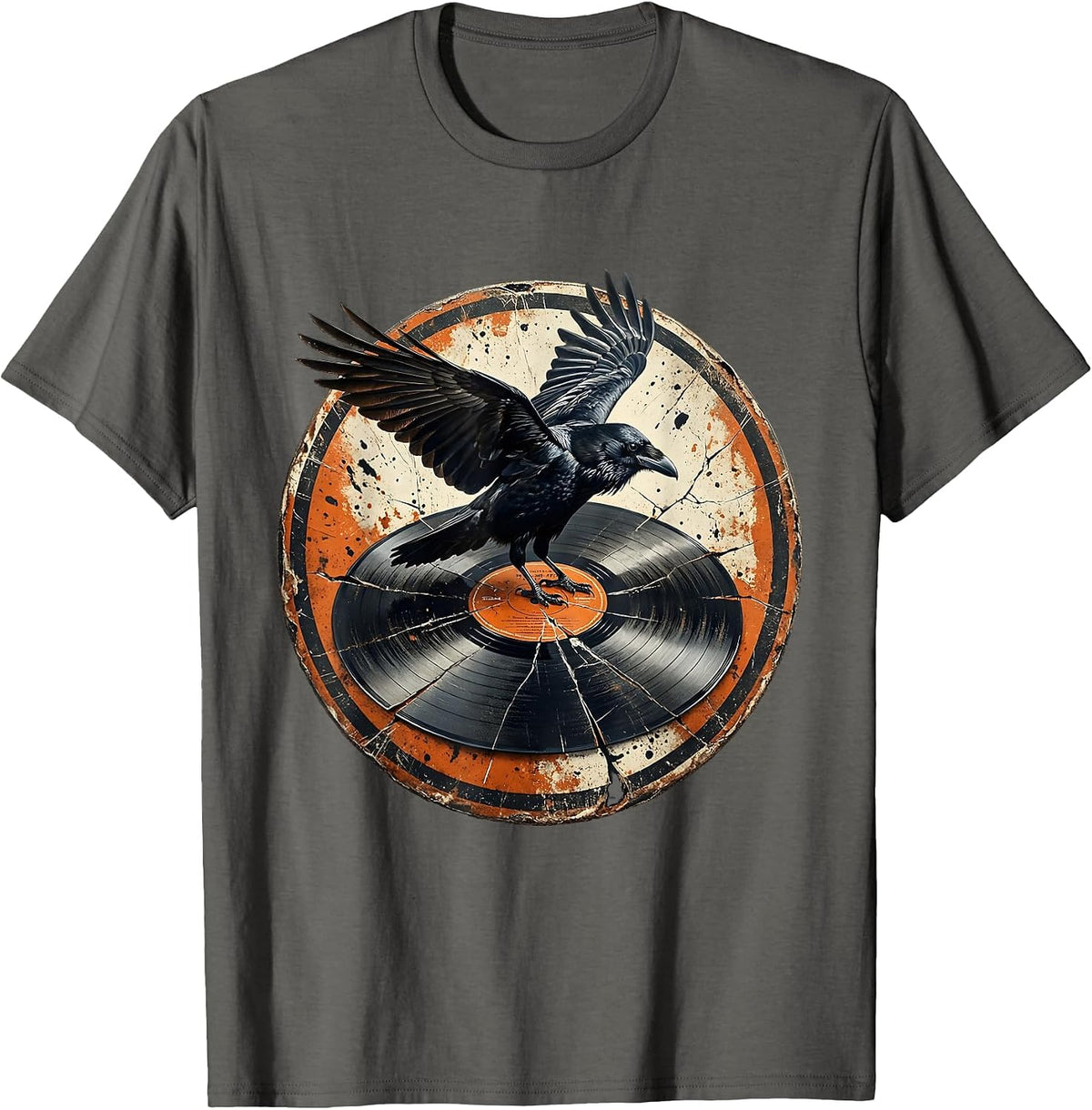 Raven on Cracked Vinyl Record Rock Art T-Shirt - Asphalt Grey