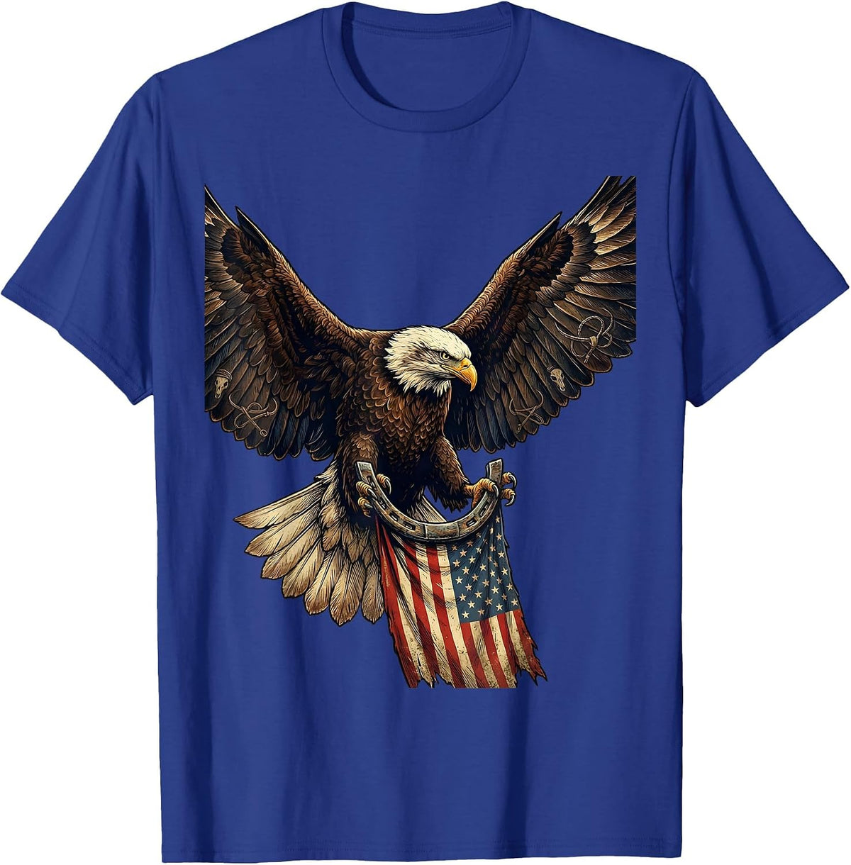 Bald Eagle Soaring Over American Flag T-Shirt - Royal Blue