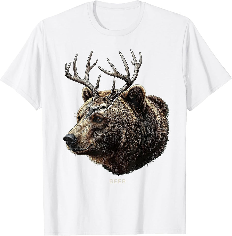 Men's BEER Funny Bear Deer Hunting Drinking Wildlife Lover Gift T-Shirt - White