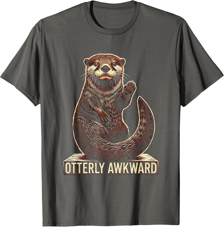 Otterly Awkward Linocut Funny Otter Lover Gift For Kid Teen T-Shirt - Asphalt Grey