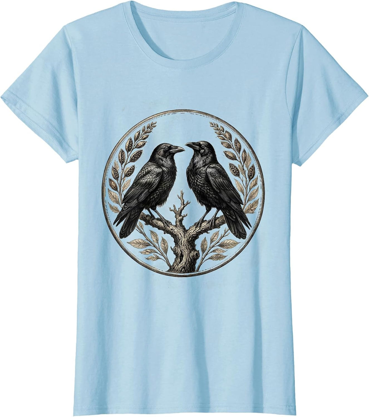 Two Crows on a Branch Face-to-Face Design T-Shirt - Baby Blue