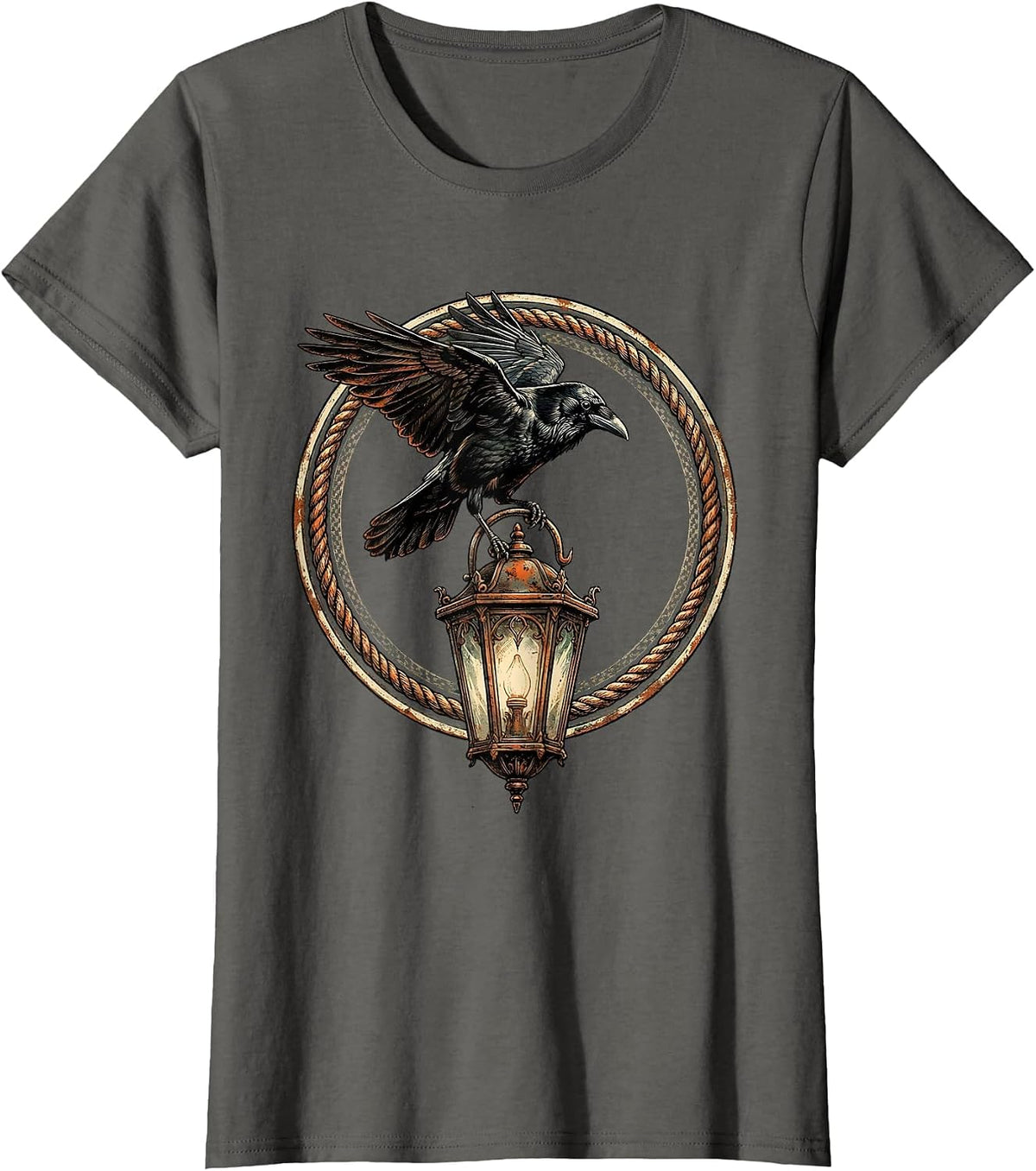Women's Crow Perched on Old Lantern Illustration T-Shirt - Asphalt Grey