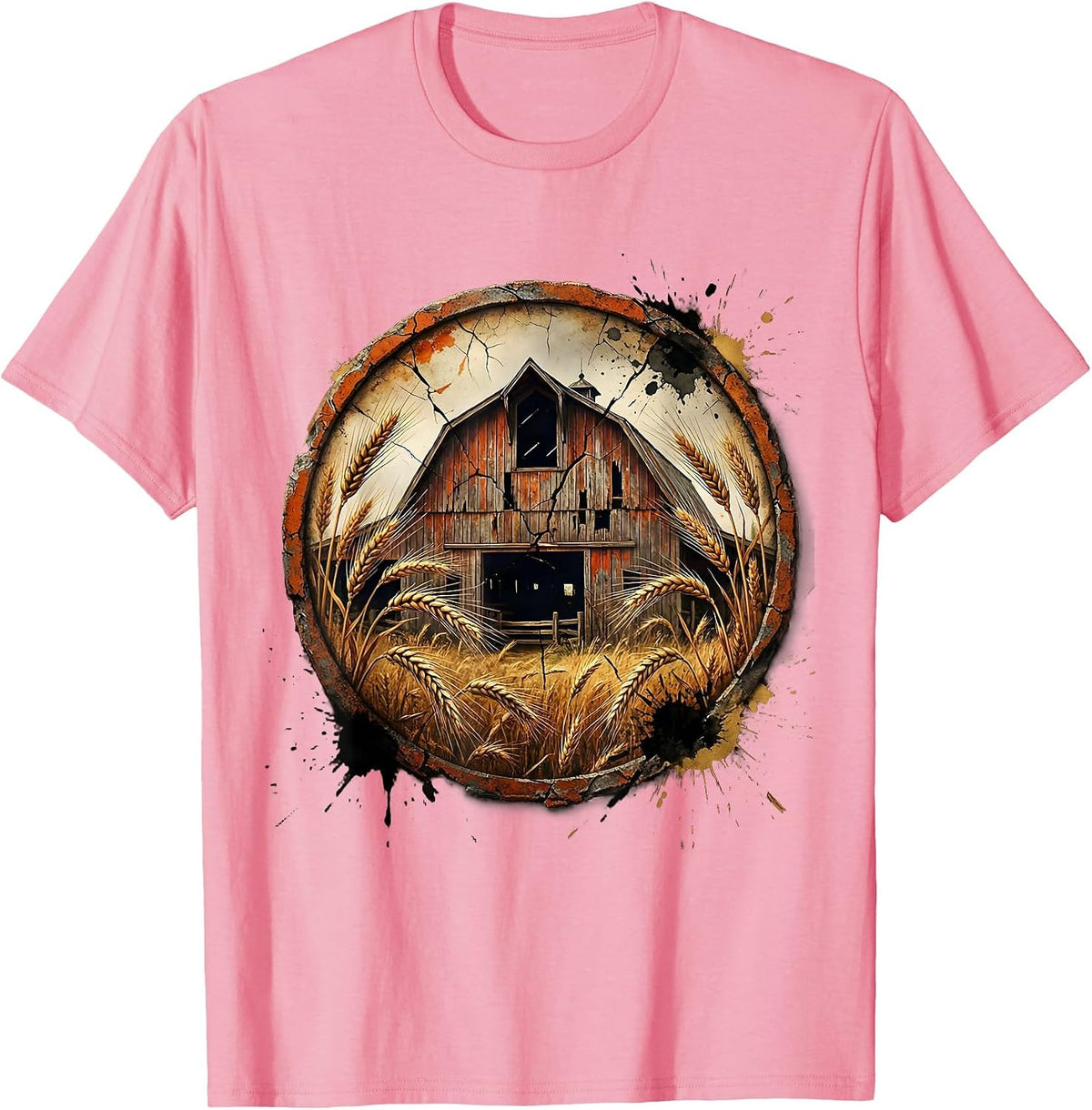 Men's Weathered Barn Wheat Field Rustic Farmland Art T-Shirt - Pink