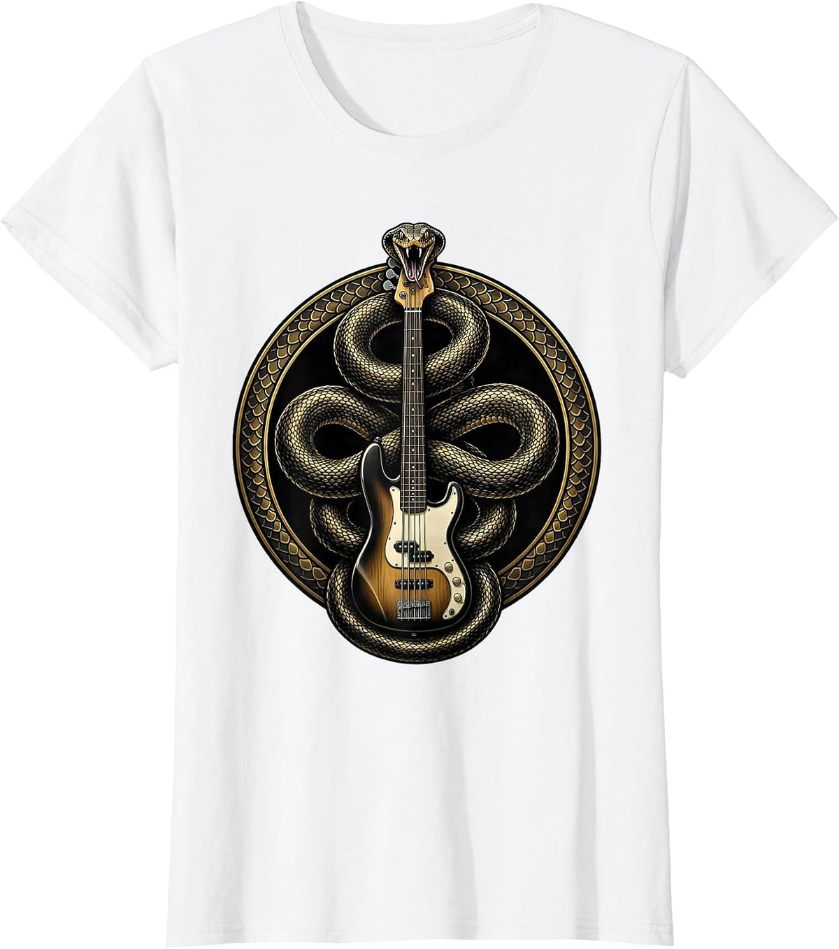 Snake Coiled Around Bass Guitar Graphic T-Shirt - White