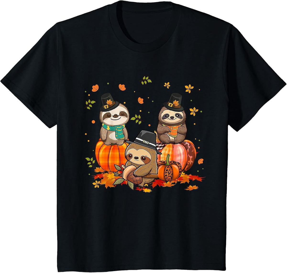 Sloth Pumpkin Leopard Buffalo Plaid Fall Thanksgiving T-Shirt - Black