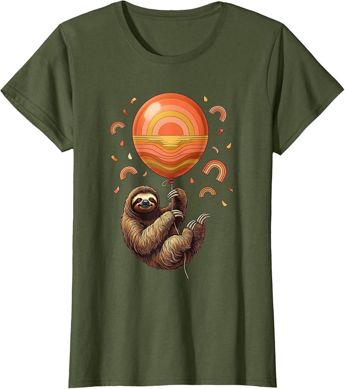 Women's Sloth Balloon Birthday Cute Animal Illustration T-Shirt - Olive Green