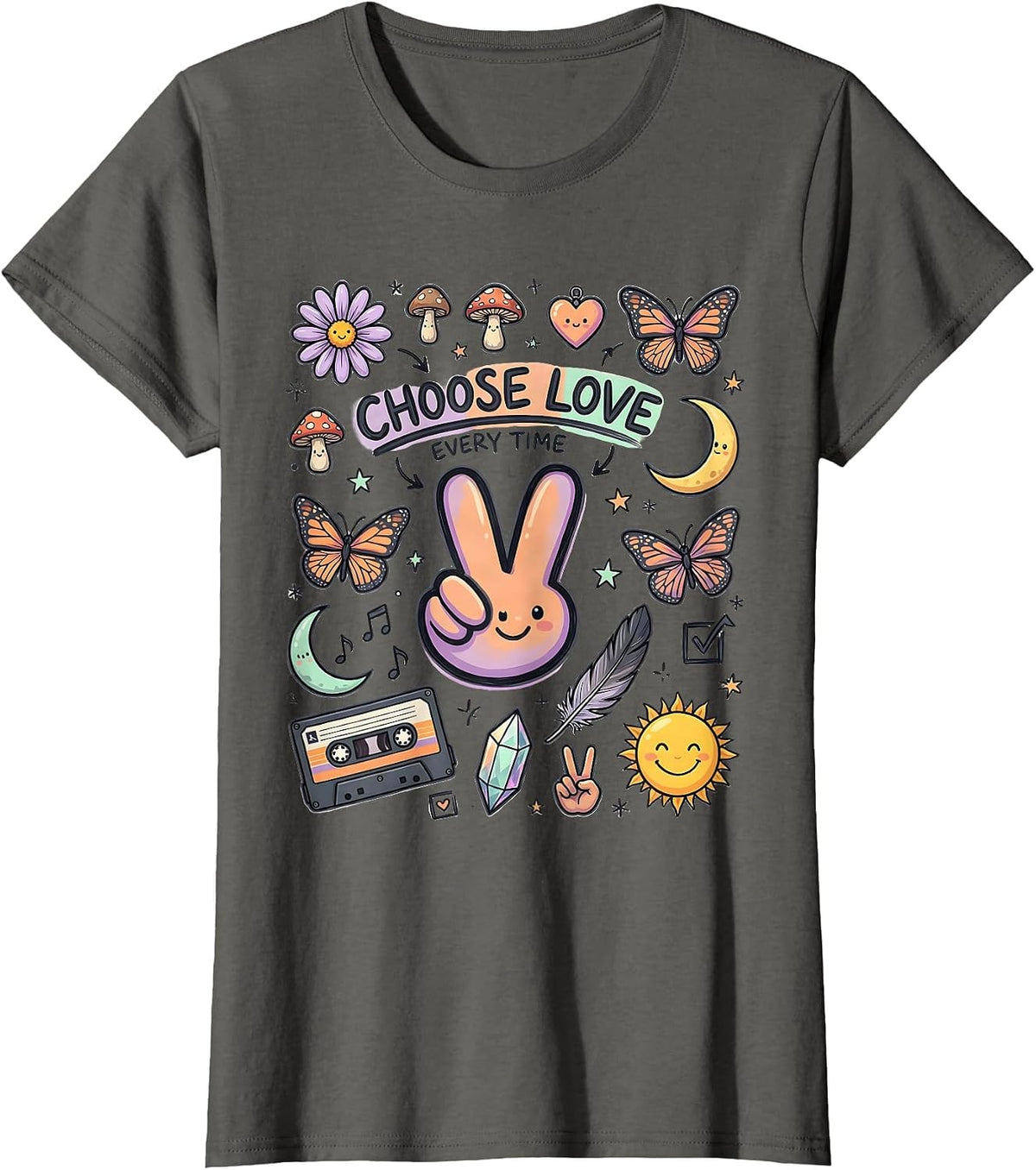 Women's Choose Love Every Time Hippie Boho Design T-Shirt - Asphalt Grey