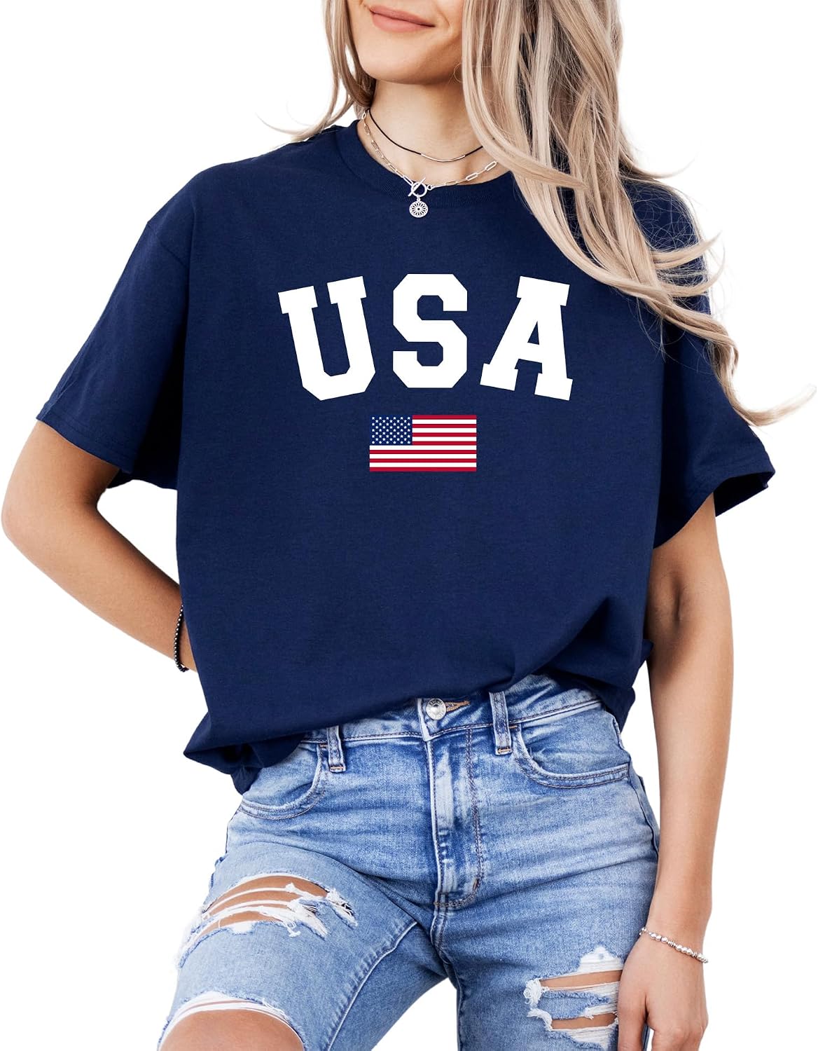 Patriotic American Flag T-Shirt for Men and Women - 100% Cotton USA Graphic Tee - Distressed Style Short Sleeve Shirt - Navy